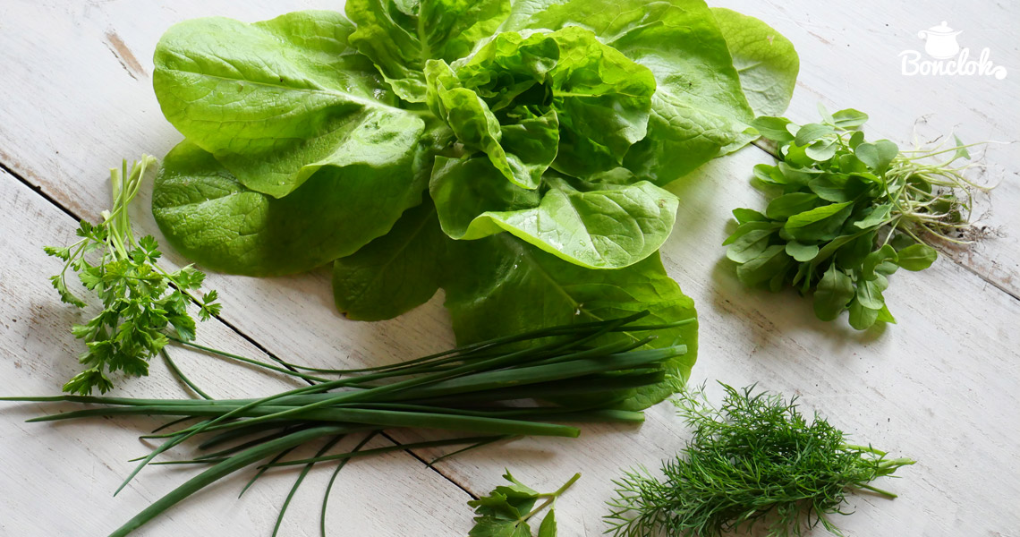 Wiosenne warzywa: sałata, szczypiorek, pietruszka, lubczyk, zielony koperek, rukola. Fot. Anna Lerch-Wójcik